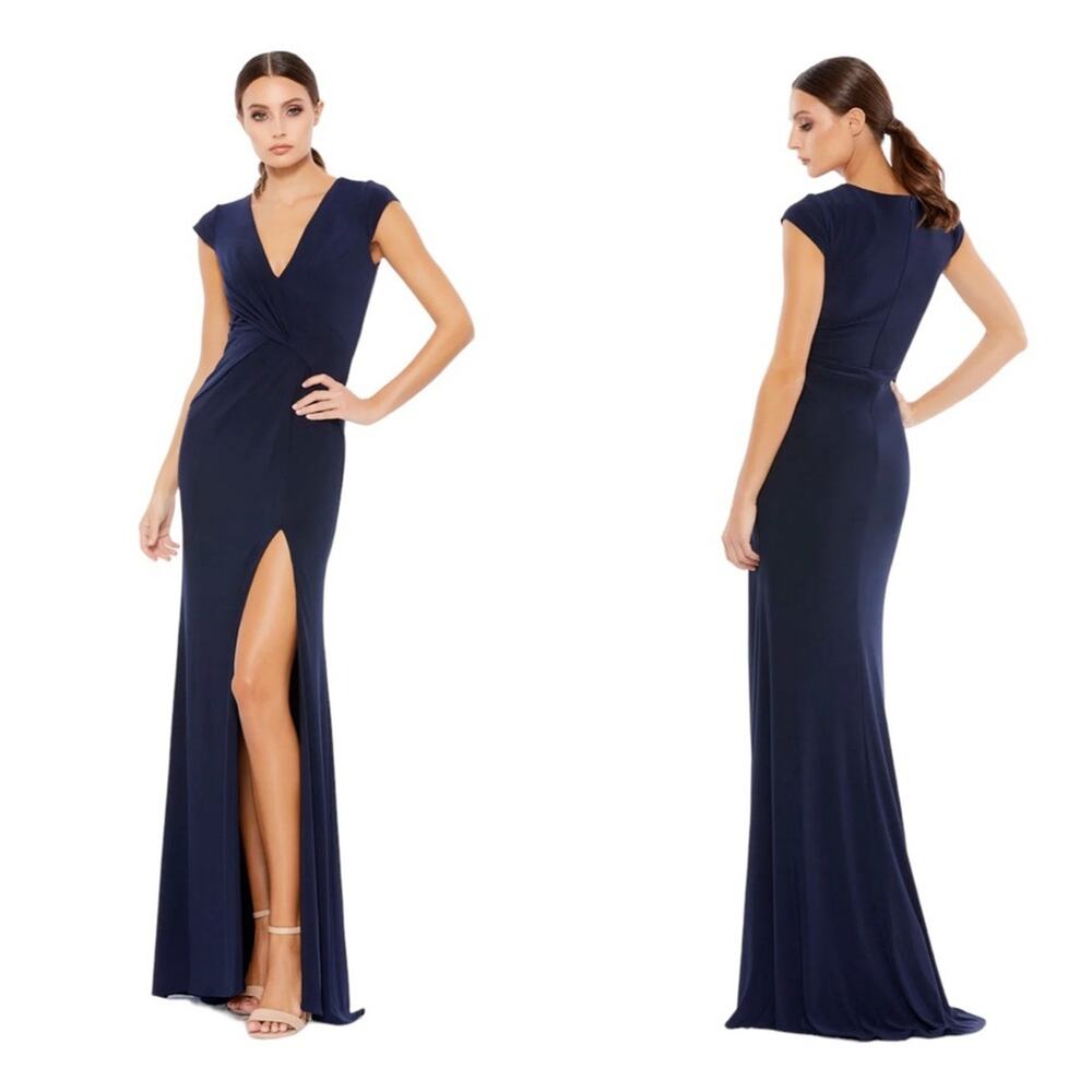 NWT IEENA for MAC DUGGAL Navy V-Neck Ruched High Slit Jersey Gown Women’s